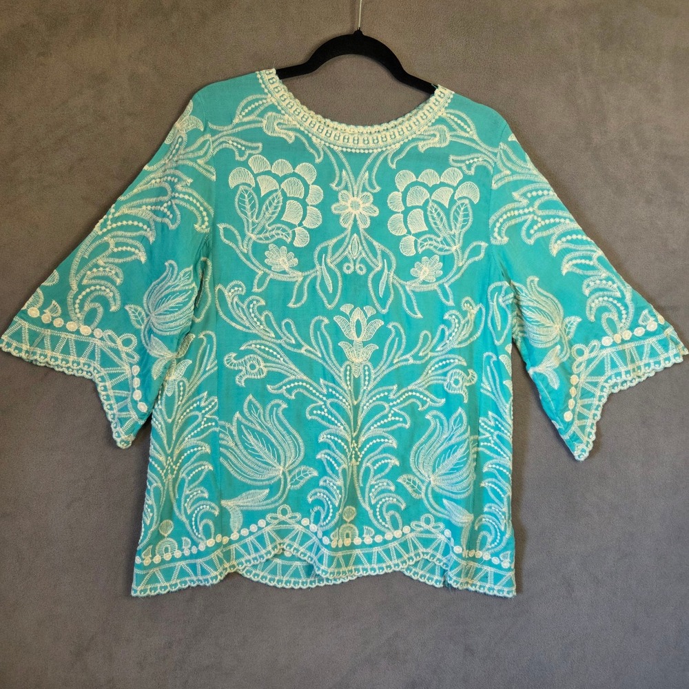 Solitaire Embroidered Top Women's Medium Boho Floral Peasant Coastal Ethereal